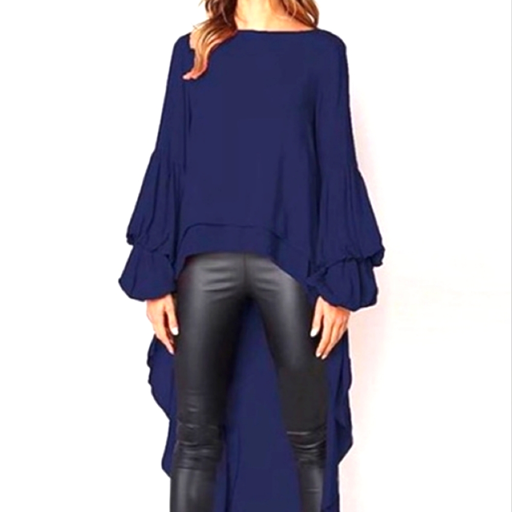 ASYMETRICAL NAVY CHIFFON  BLOUSE. L/XL